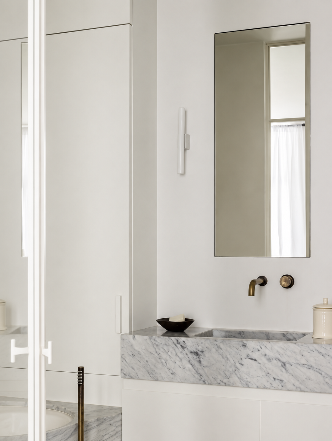 Kenny & Mason Brandwood 2 Hole Basin Mixer Wall Mounted, brass mixer tap – alternate view