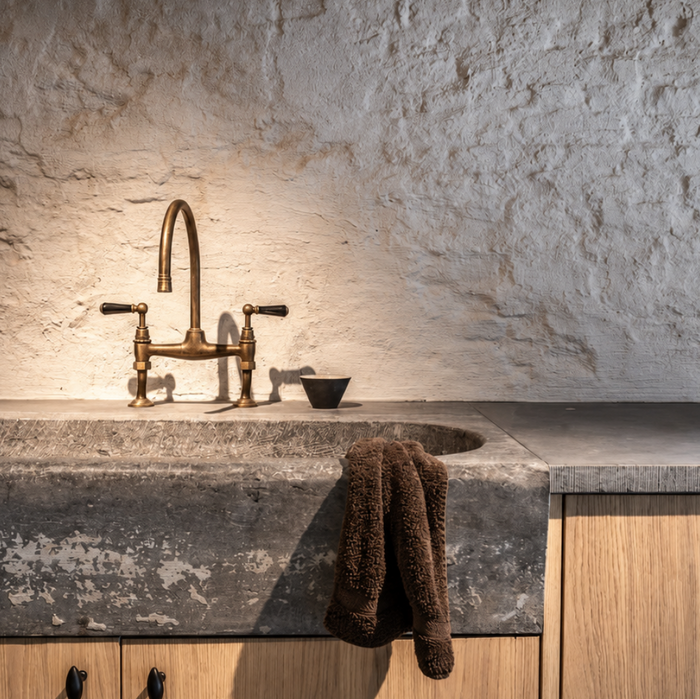 Kenny & Mason Traditional Kitchen Bridge Mixer With Black Levers, brass mixer tap