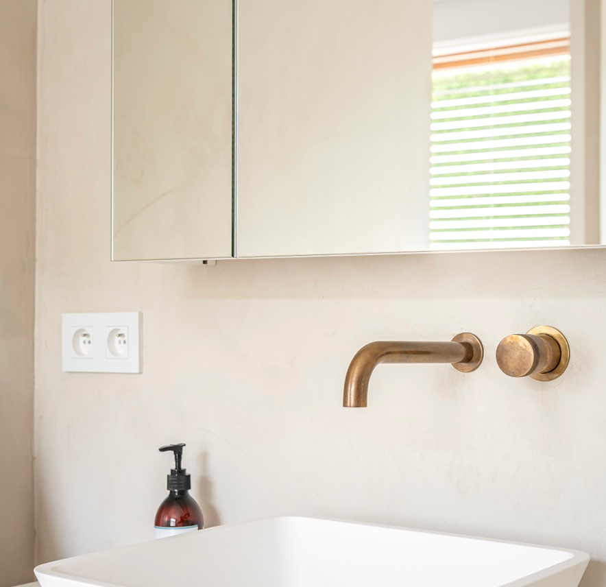 Kenny & Mason Brandwood 2 Hole Basin Mixer Wall Mounted, brass mixer tap – alternate view