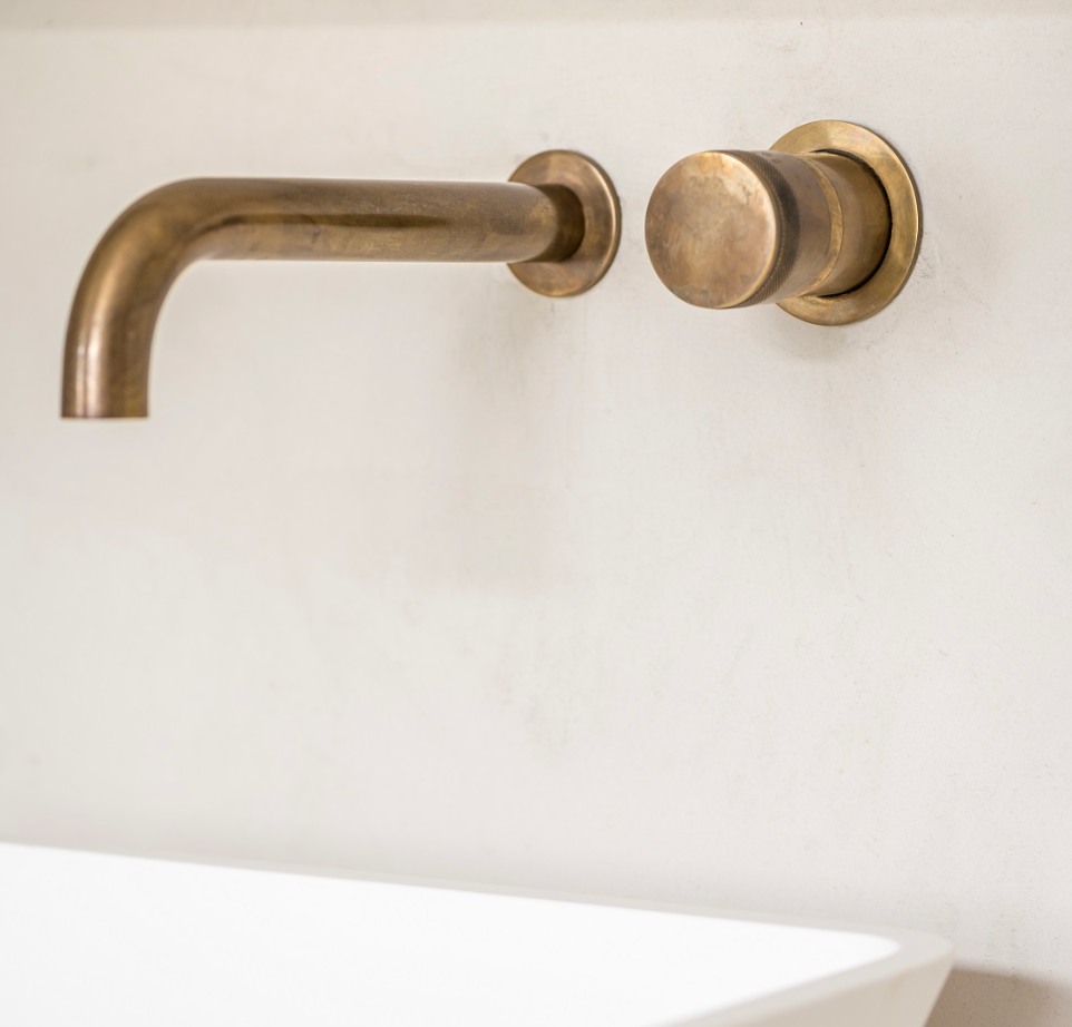 Kenny & Mason Brandwood 2 Hole Basin Mixer Wall Mounted, brass mixer tap – alternate view