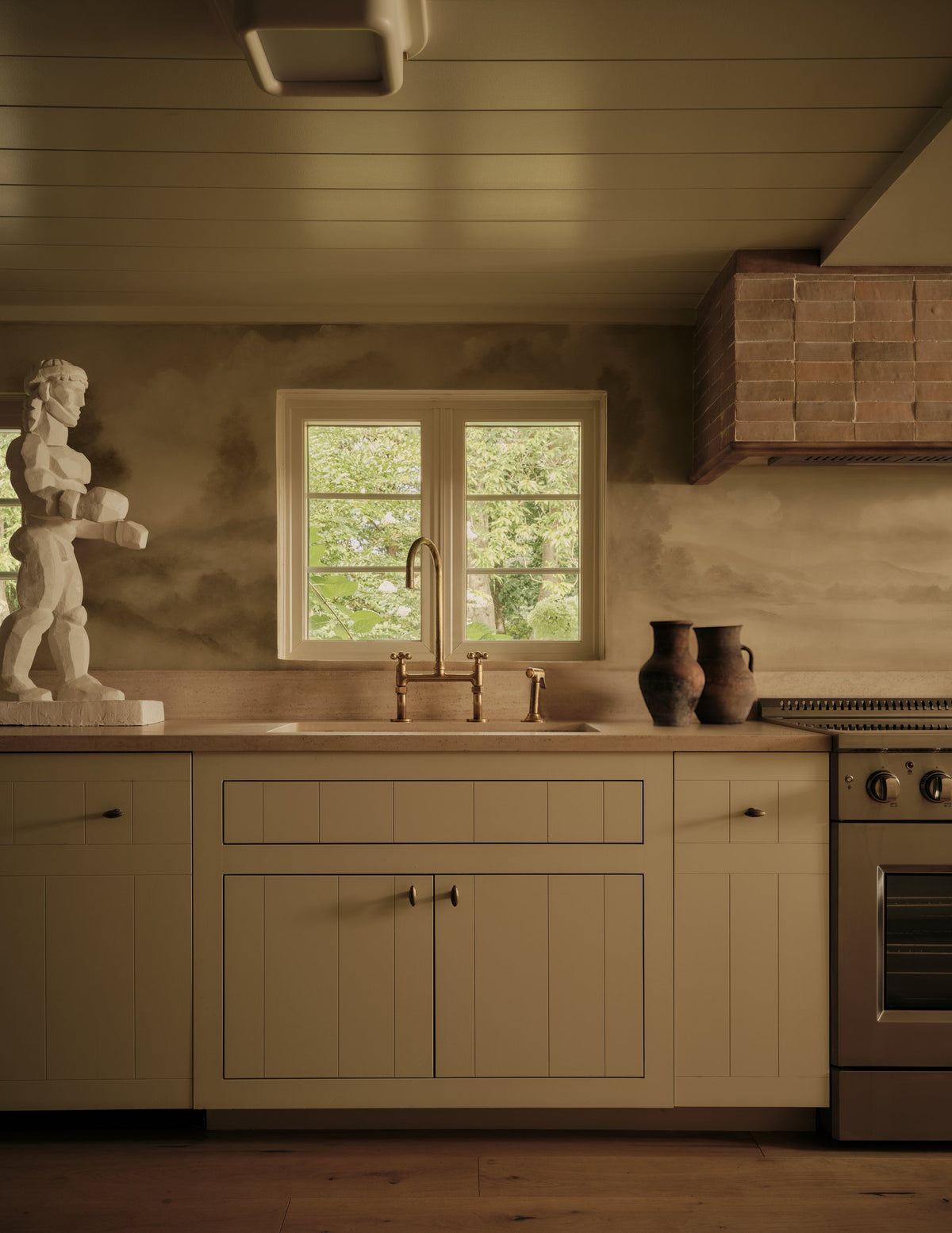 Marshmallow Flush Mount Ceiling Light on a plank ceiling in a cream kitchen