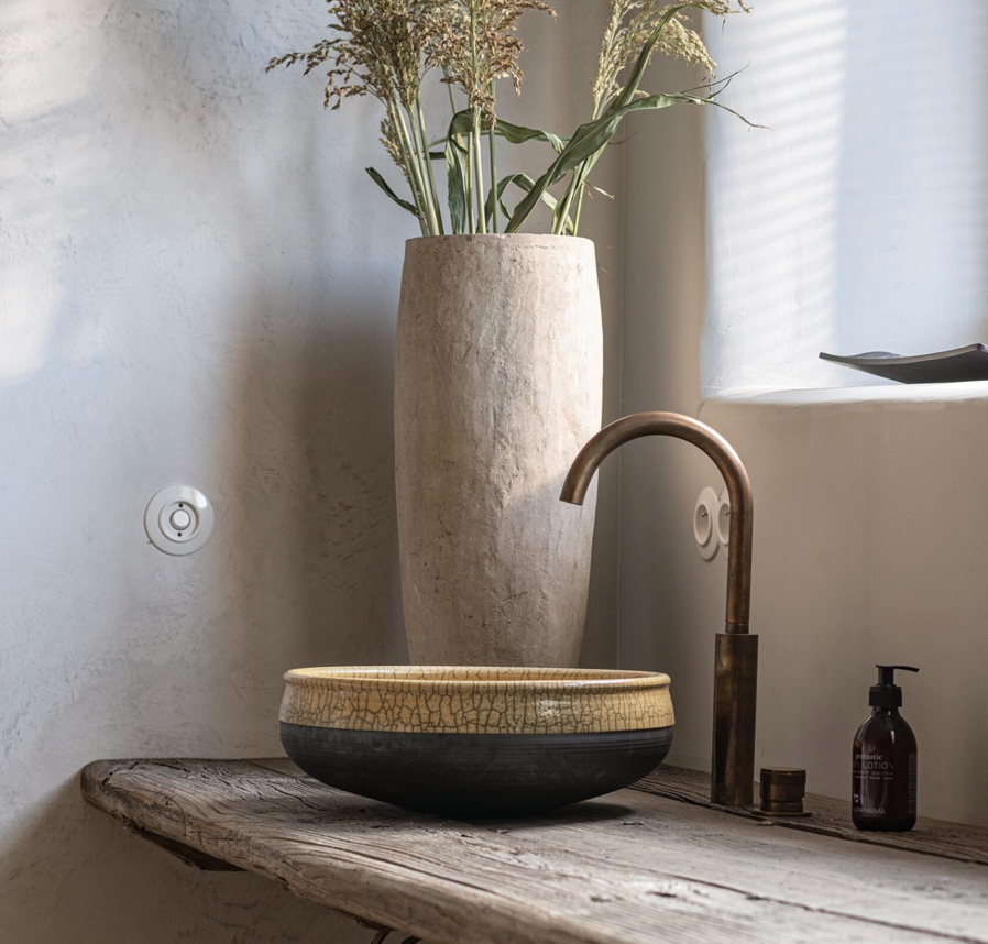Kenny & Mason Brandwood 2 Hole Basin Mixer Deck Mounted, brass mixer tap – alternate view