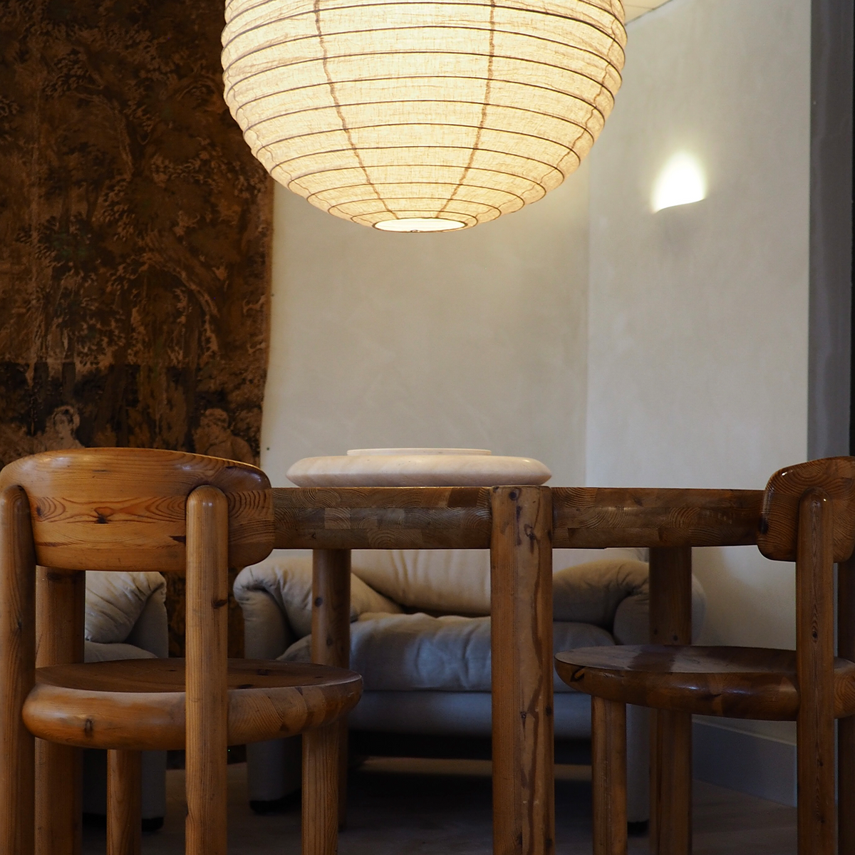 Luna Linen Shade in Off-white, lit